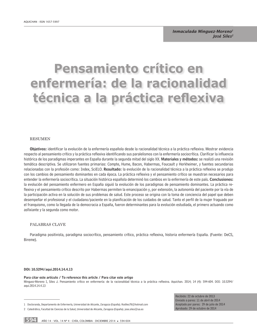 Pdf Pensamiento Critico En Enfermeria De La Racionalidad Tecnica A La Practica Reflexiva