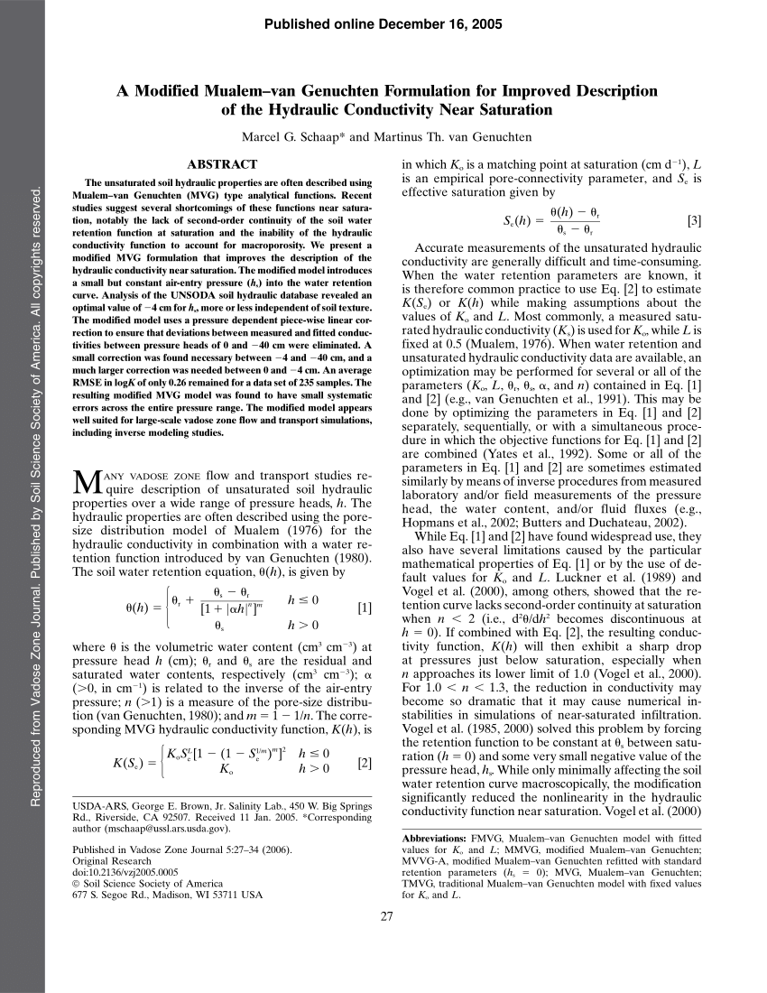 Pdf A Modified Mualem Van Genuchten Formulation For Improved Description Of The Hydraulic Conductivity Near Saturation