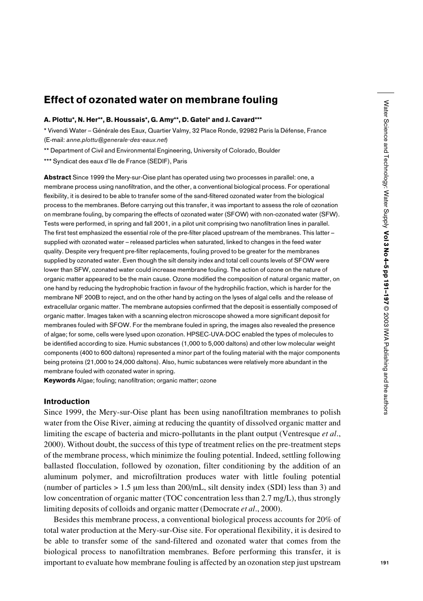 Pdf Effect Of Ozonated Water On Membrane Fouling