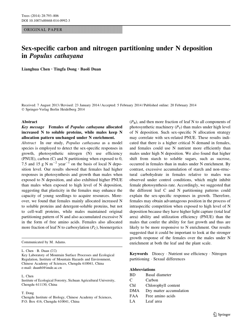 Pdf Sex Specific Carbon And Nitrogen Partitioning Under N Deposition