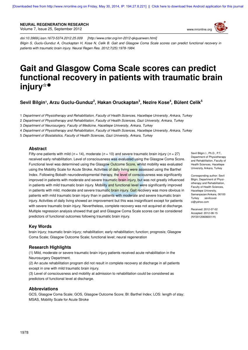 (PDF) Gait and Glasgow Coma Scale scores can predict functional ...