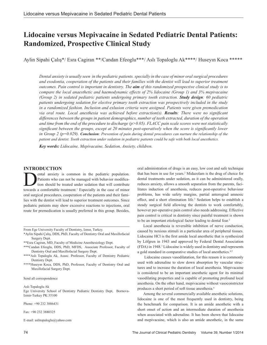 PDF Lidocaine versus Mepivacaine in Sedated Pediatric Dental  