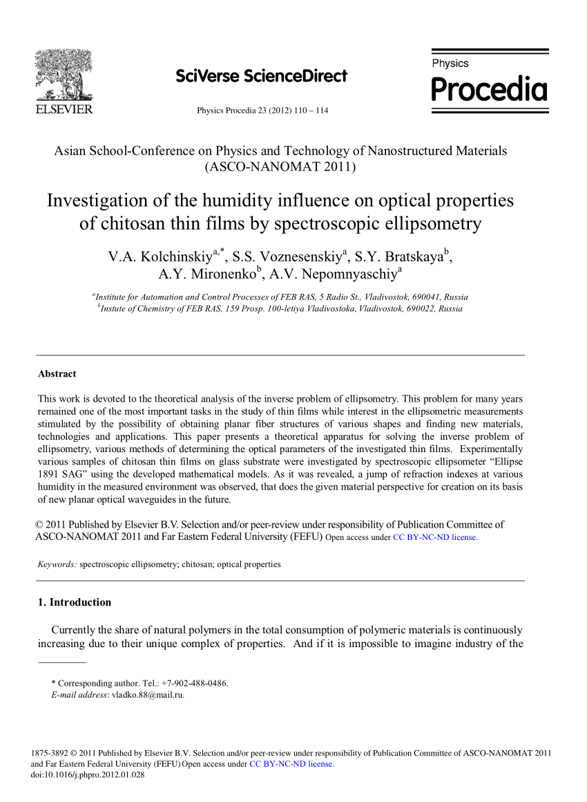 Pdf Investigation Of The Humidity Influence On Optical Properties Of Chitosan Thin Films By Spectroscopic Ellipsometry