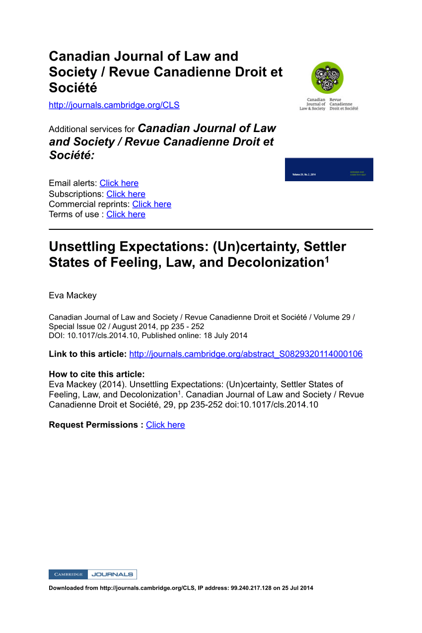 Pdf Unsettling Expectations Un Certainty Settler States Of Feeling Law And Decolonization1