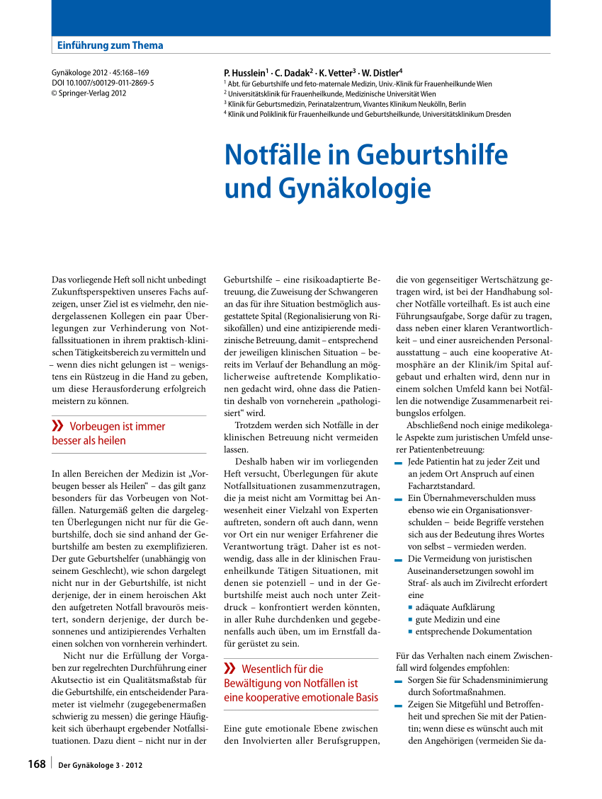 Pdf Notfalle In Geburtshilfe Und Gynakologie