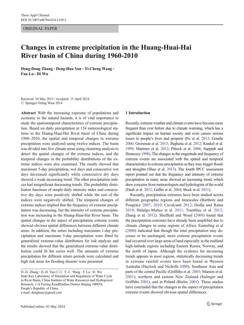PDF) Changes in extreme precipitation in the Huang-Huai-Hai River 