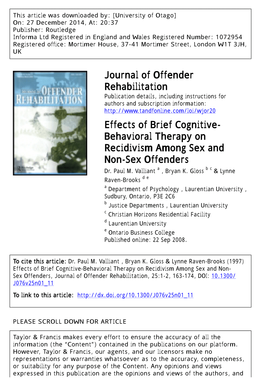 Pdf Effects Of Brief Cognitive Behavioral Therapy On Recidivism Among Sex And Non Sex Offenders 8893