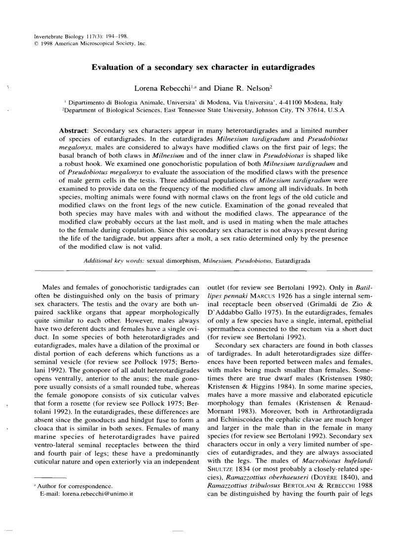 Pdf Evaluation Of A Secondary Sex Character In Eutardigrades 7690