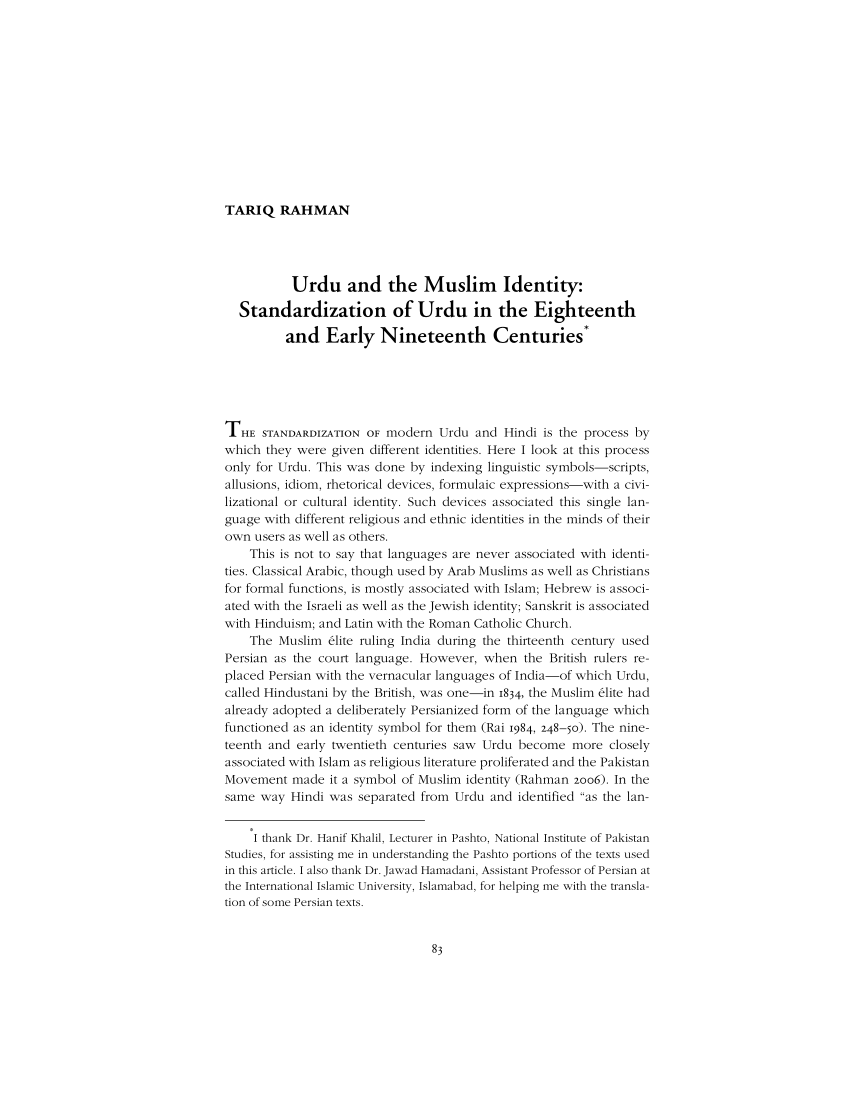Pdf Urdu And The Muslim Identity Standardization Of Urdu In The Eighteenth And Early Nineteenth Centuries