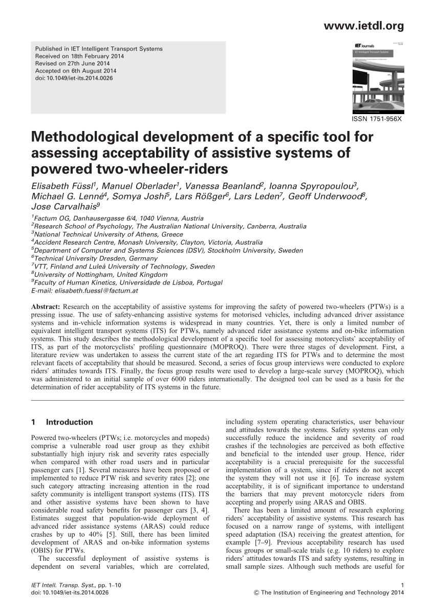 Pdf Methodological Development Of A Specific Tool For Assessing Acceptability Of Assistive Systems Of Powered Two Wheeler Riders