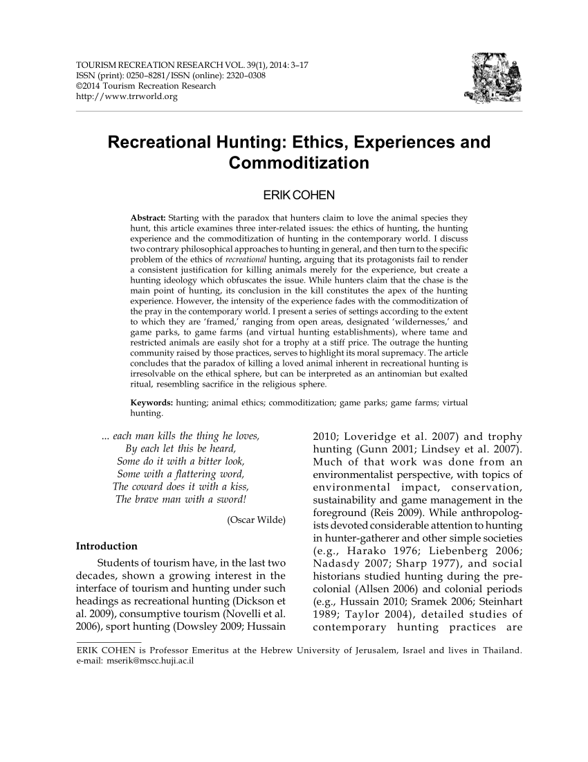 PDF) Recreational Hunting: Ethics, Experiences and Commoditization
