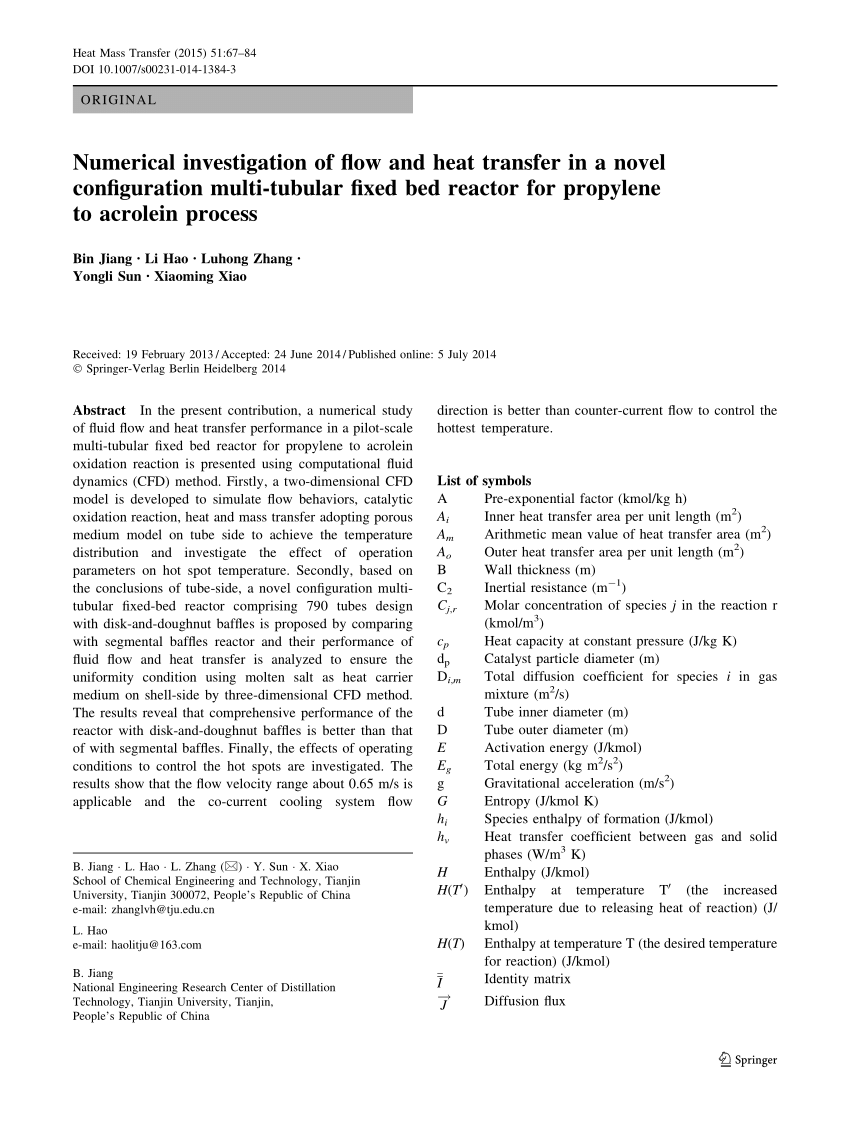 Pdf Numerical Investigation Of Flow And Heat Transfer In A Novel Configuration Multi Tubular Fixed Bed Reactor For Propylene To Acrolein Process