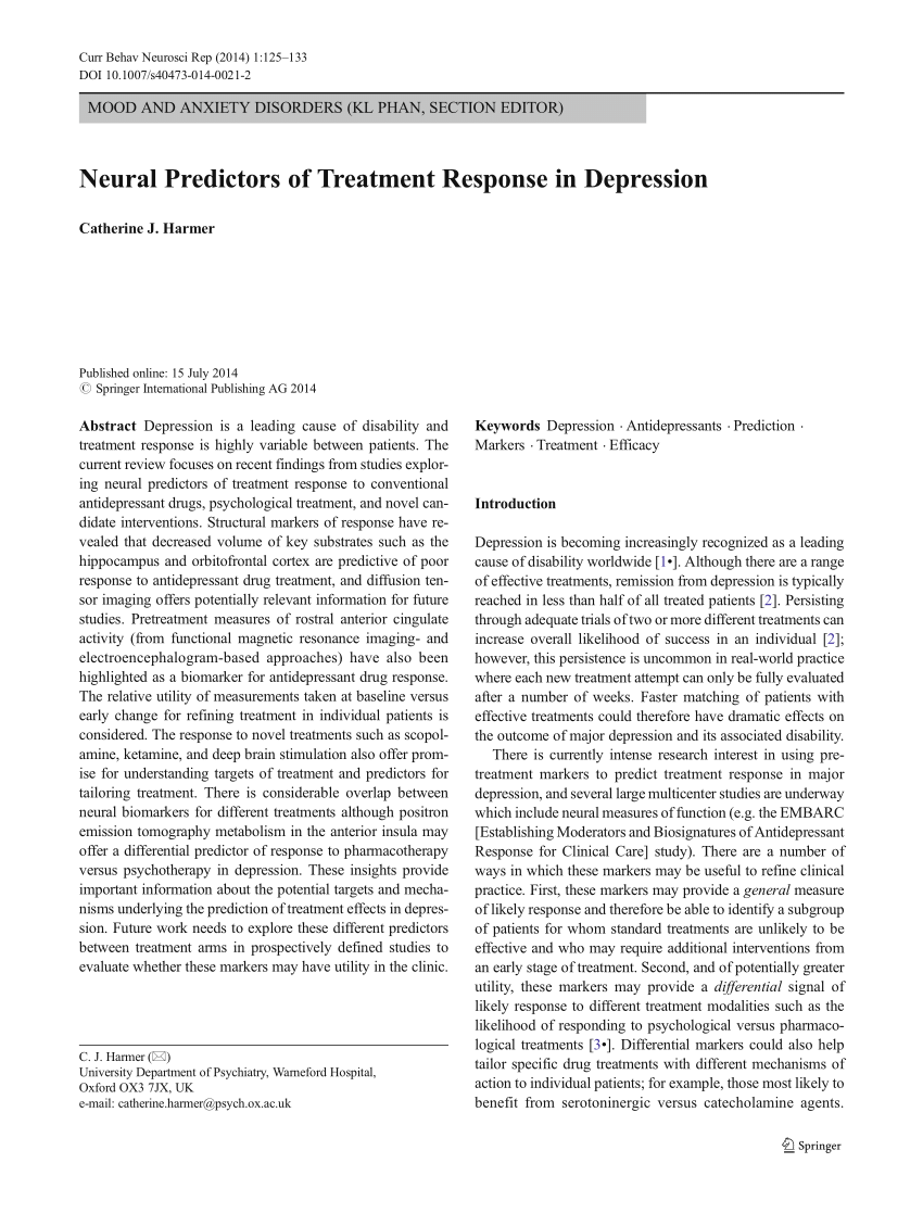 Pdf Neural Predictors Of Treatment Response In Depression