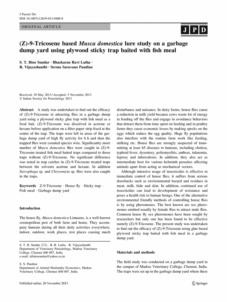 PDF) (Z)-9-Tricosene based Musca domestica lure study on a garbage