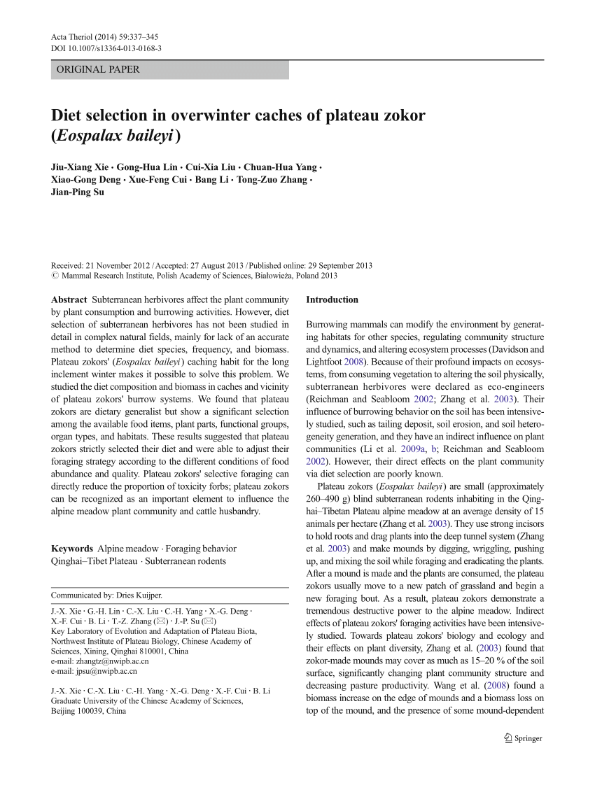 Pdf Diet Selection In Overwinter Caches Of Plateau Zokor Eospalax Baileyi