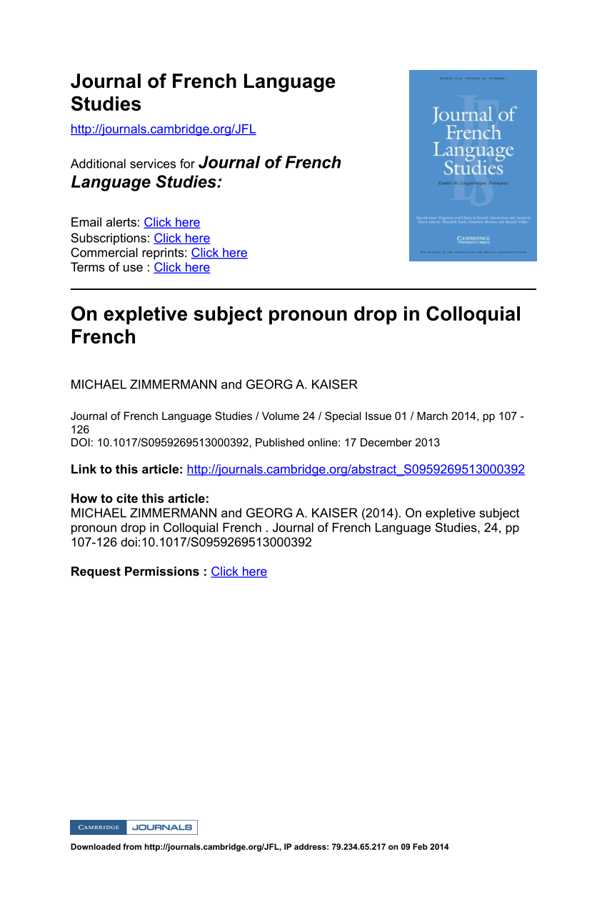 Pdf On Expletive Subject Pronoun Drop In Colloquial French