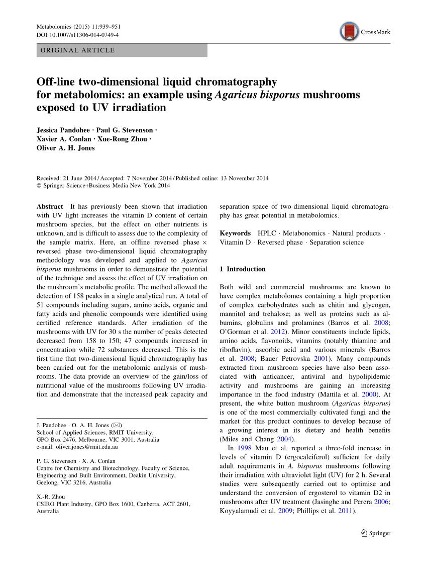 Pdf Off Line Two Dimensional Liquid Chromatography For Metabolomics An Example Using Agaricus Bisporus Mushrooms Exposed To Uv Irradiation