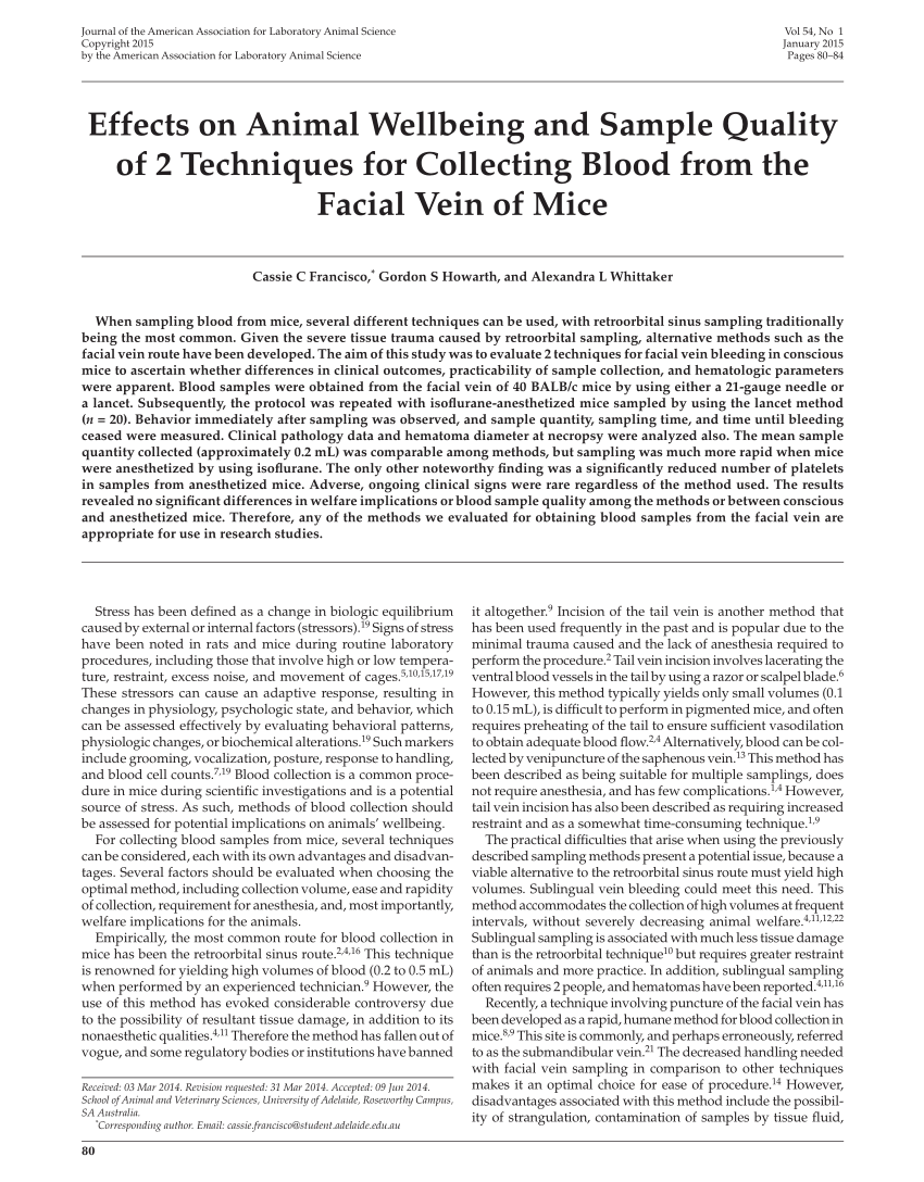 PDF) Effects on Animal Wellbeing and Sample Quality of 2 Techniques for  Collecting Blood from the Facial Vein of Mice