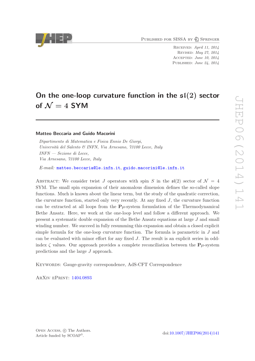 PDF) On the one-loop curvature function in the sl (2) sector of N 