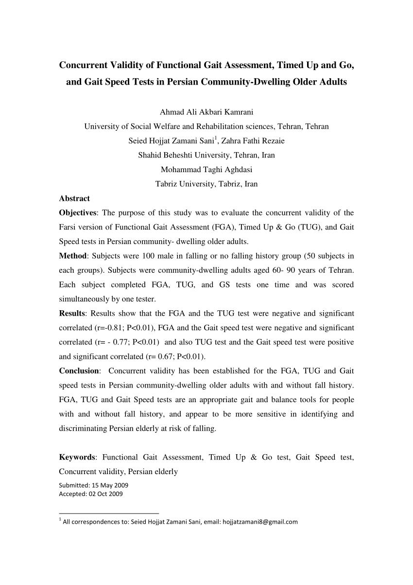 Pdf Concurrent Validity Of Functional Gait Assessment Timed Up And Go And Gait Speed Tests In Persian Community Dwelling Older Adults