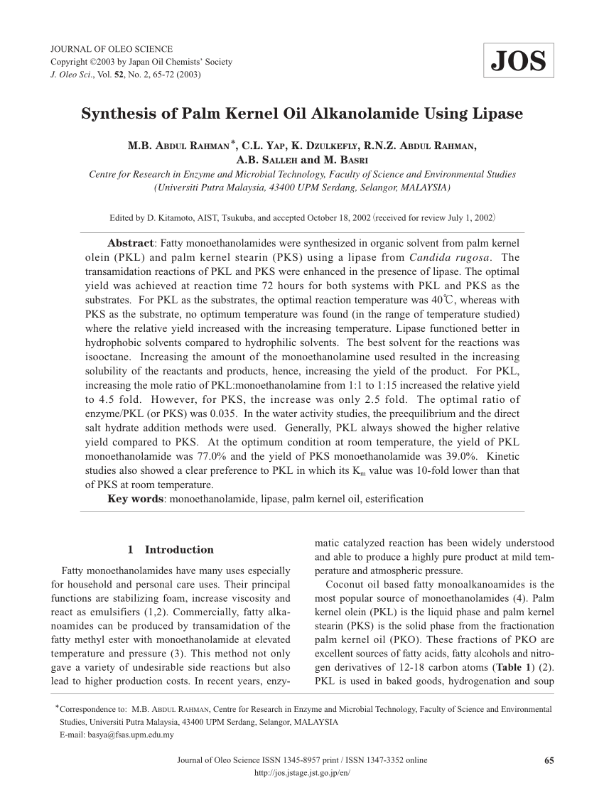 Pdf Synthesis Of Palm Kernel Oil Alkanolamide Using Lipase