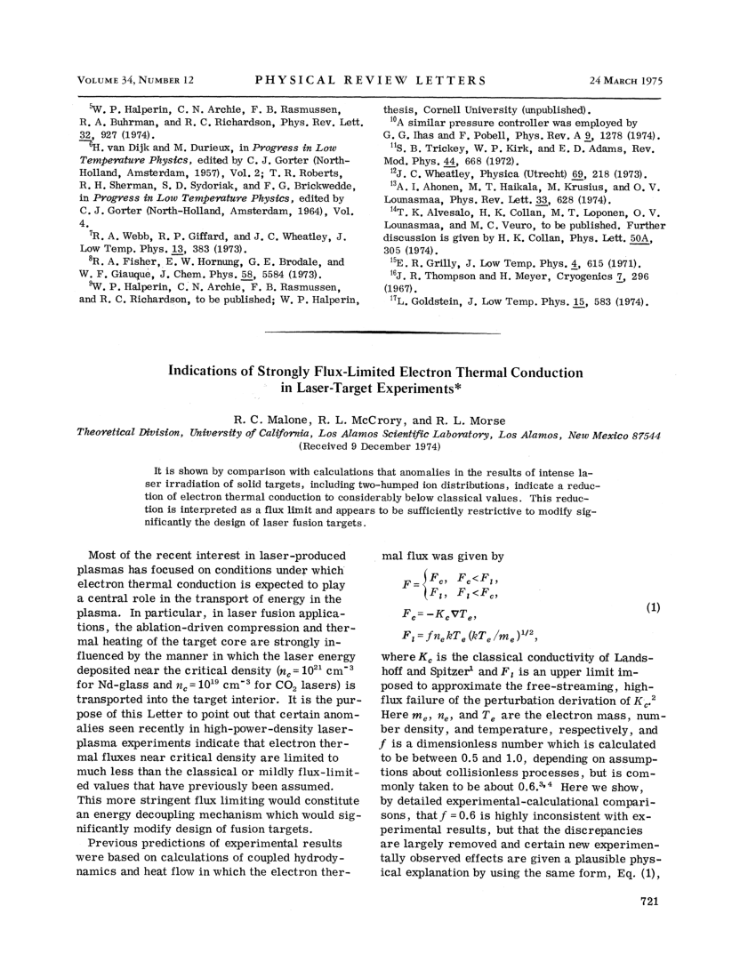 Pdf Indications Of Strongly Flux Limited Electron Thermal Conduction In Laser Target Experiments