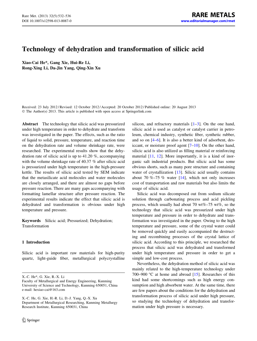 Pdf Technology Of Dehydration And Transformation Of Silicic Acid