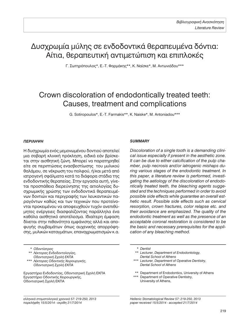 Pdf Crown Discoloration Of Endodontically Treated Teeth Causes Treatment And Complications G Sotiropoulos E T Farmakis K Naiske M Antoniadou