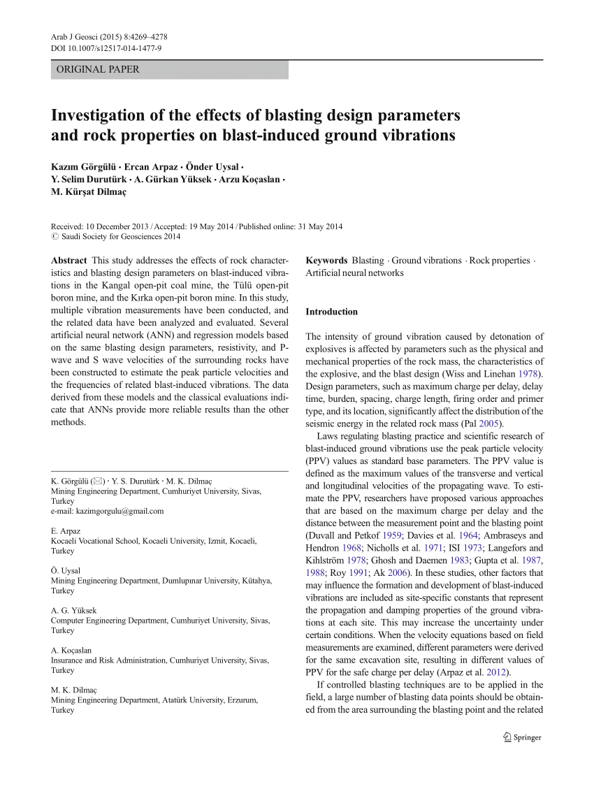 Pdf Investigation Of The Effects Of Blasting Design Parameters And Rock Properties On Blast 3887