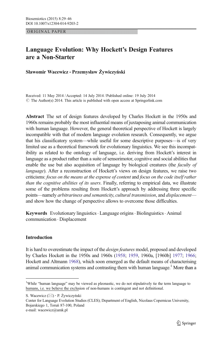 (PDF) Language Evolution Why Hockett’s Design Features are a NonStarter