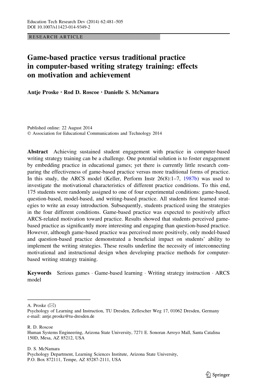 Pdf Game Based Practice Versus Traditional Practice In Computer Based Writing Strategy Training Effects On Motivation And Achievement