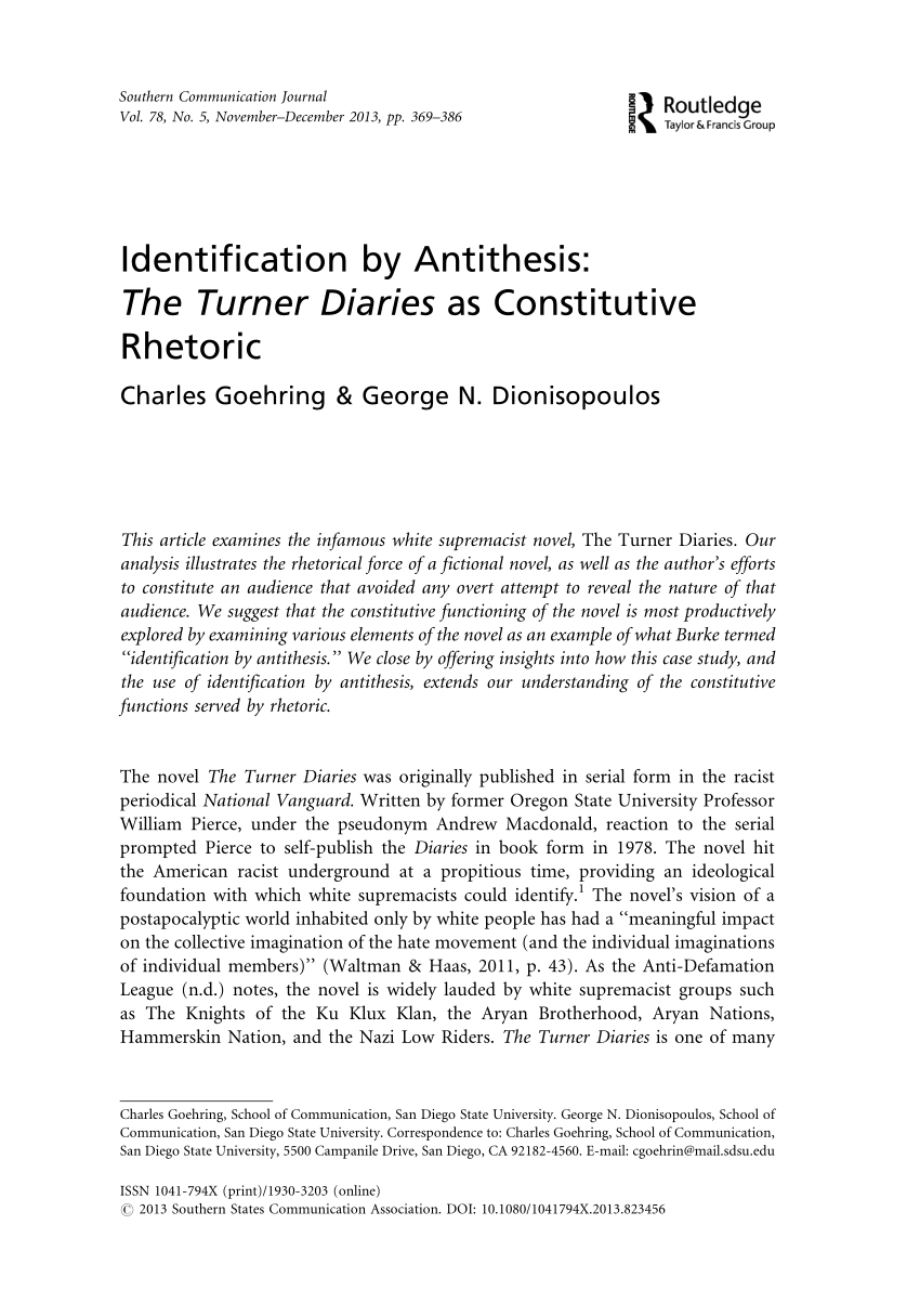 Pdf Identification By Antithesis The Turner Diaries As Constitutive Rhetoric