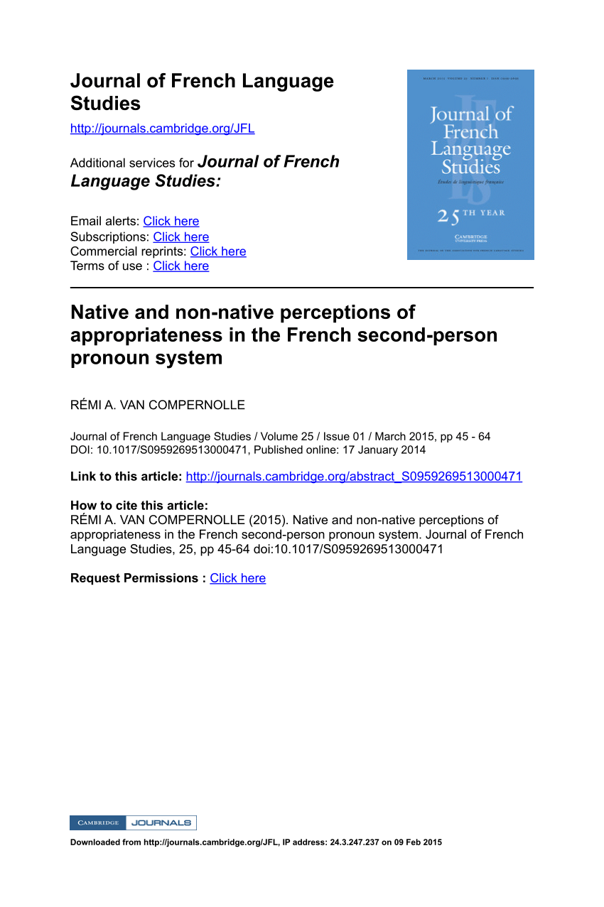 Pdf Native And Non Native Perceptions Of Appropriateness In The French Second Person Pronoun System