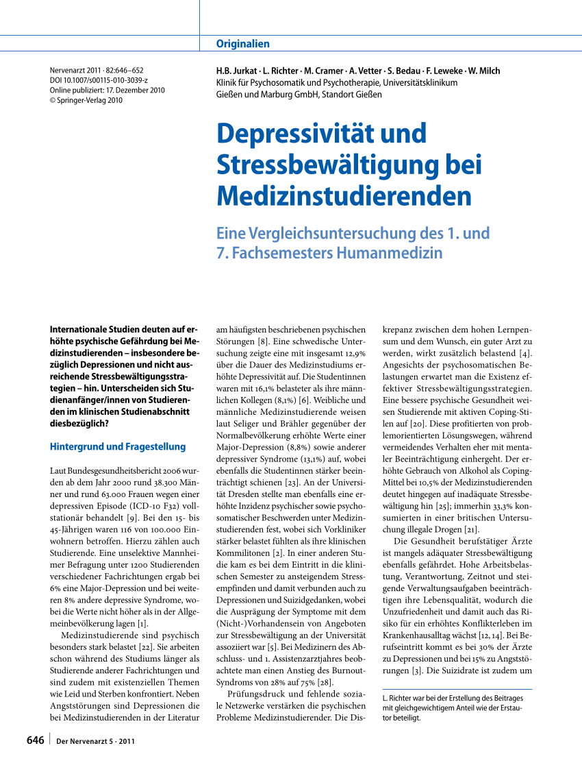 Pdf Depressivitat Und Stressbewaltigung Bei Medizinstudierenden