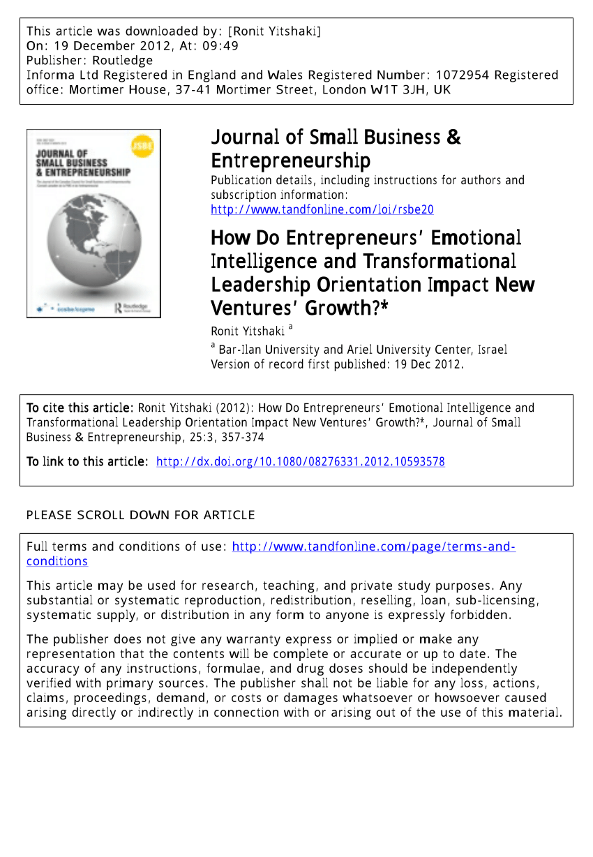 Pdf How Do Entrepreneurs Emotional Intelligence And Transformational Leadership Orientation Impact New Ventures Growth