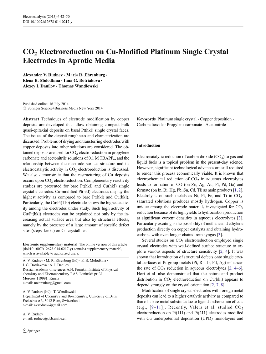 Pdf Co2 Electroreduction On Cu Modified Platinum Single Crystal Electrodes In Aprotic Media