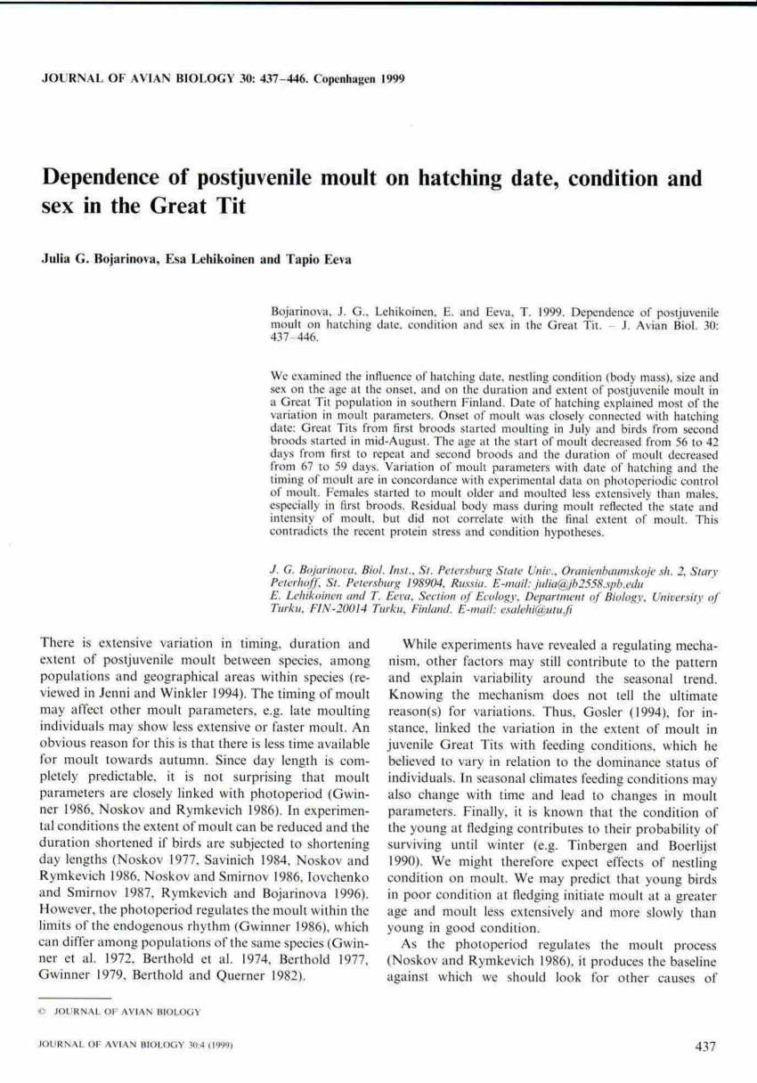 PDF) Dependence of Postjuvenile Moult on Hatching Date, Condition and Sex  in the Great Tit