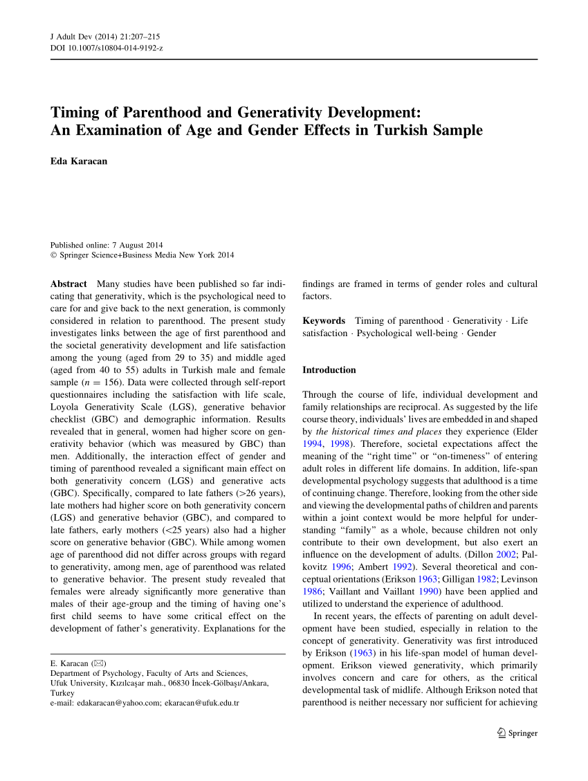 Pdf) Timing Of Parenthood And Generativity Development: An Examination Of  Age And Gender Effects In Turkish Sample