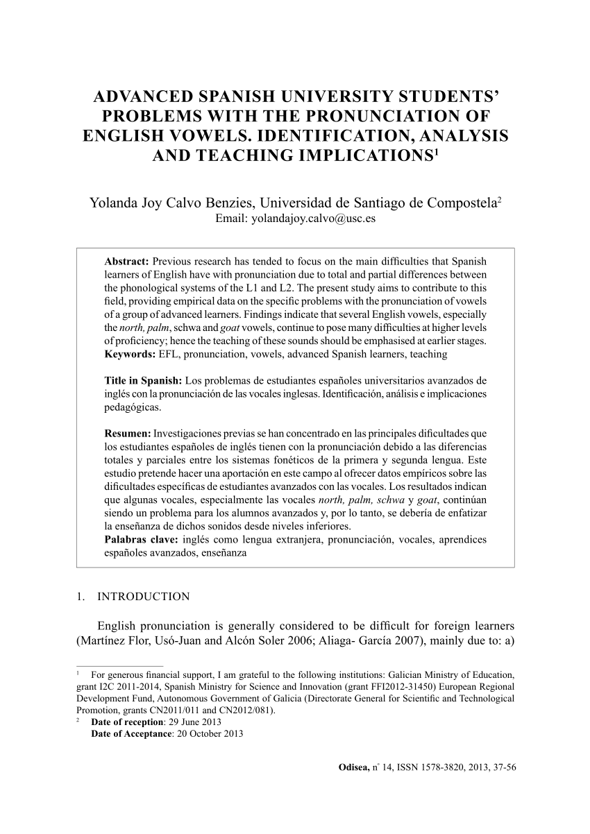 Pdf Advanced Spanish University Students Problems With The Pronunciation Of English Vowels Identification Analysis And Teaching Implications