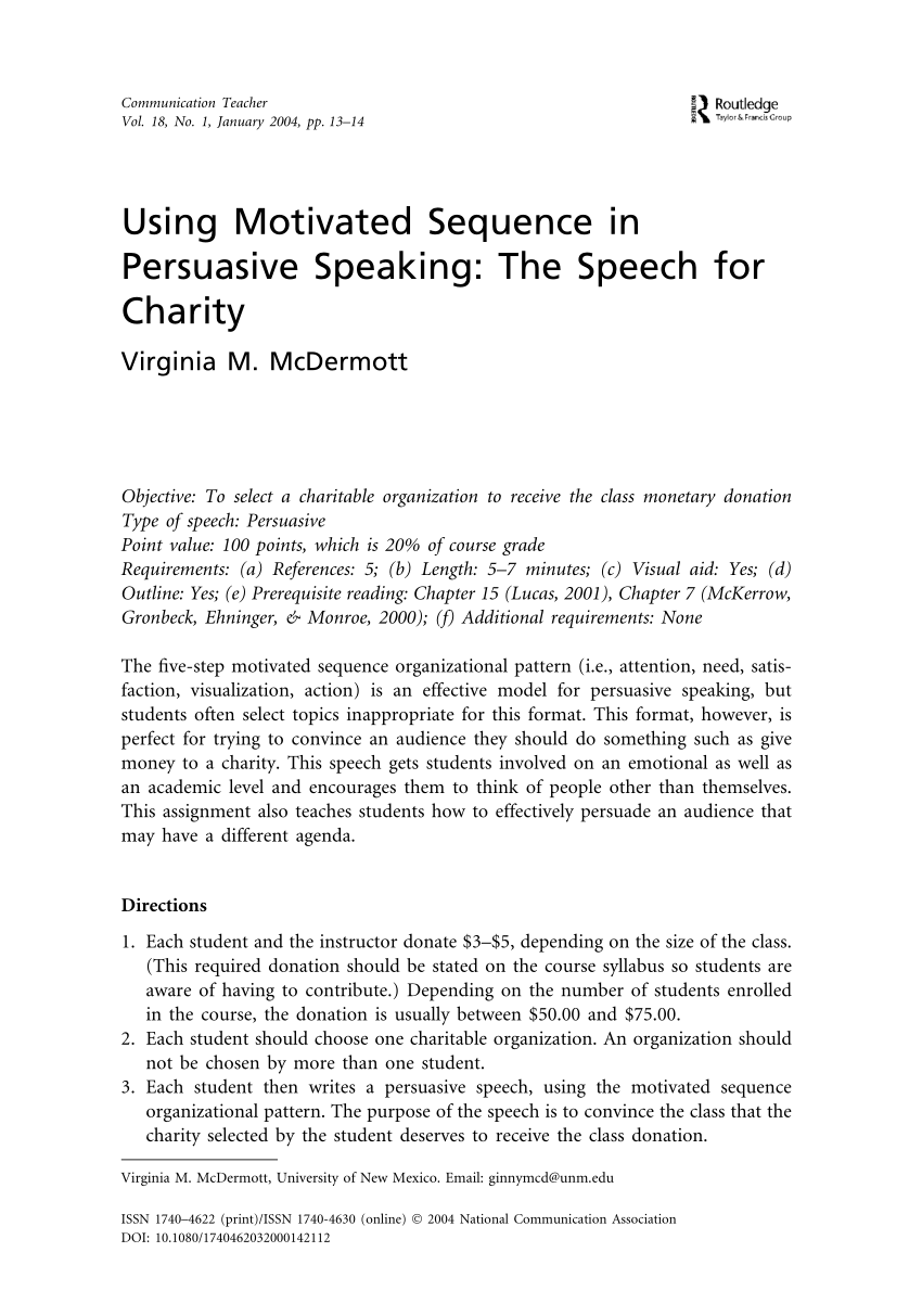 PDF) Using motivated sequence in persuasive speaking: the speech