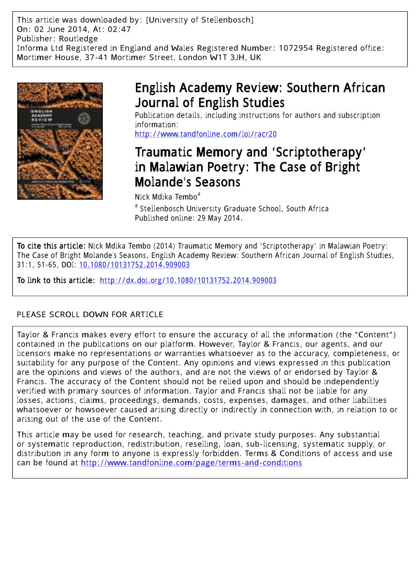 Pdf Traumatic Memory And Scriptotherapy In Malawian Poetry The