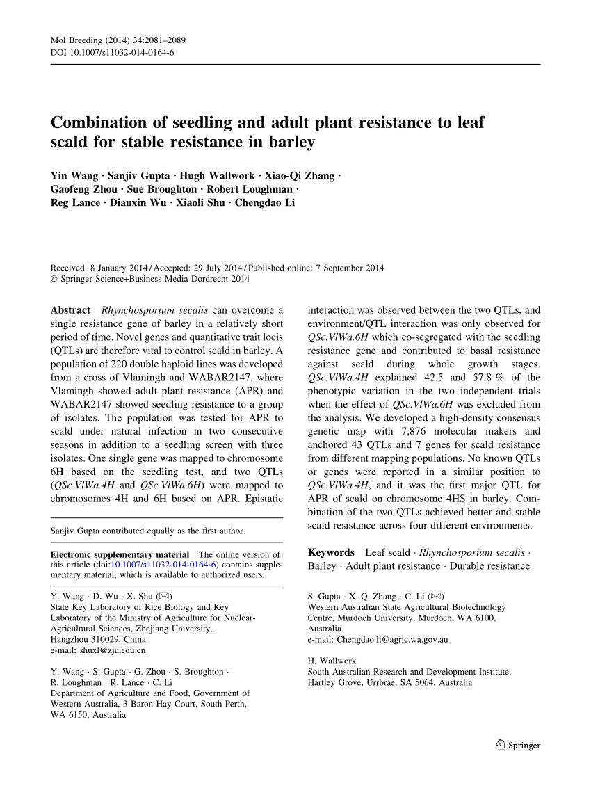 Pdf Combination Of Seedling And Adult Plant Resistance To Leaf Scald For Stable Resistance In Barley