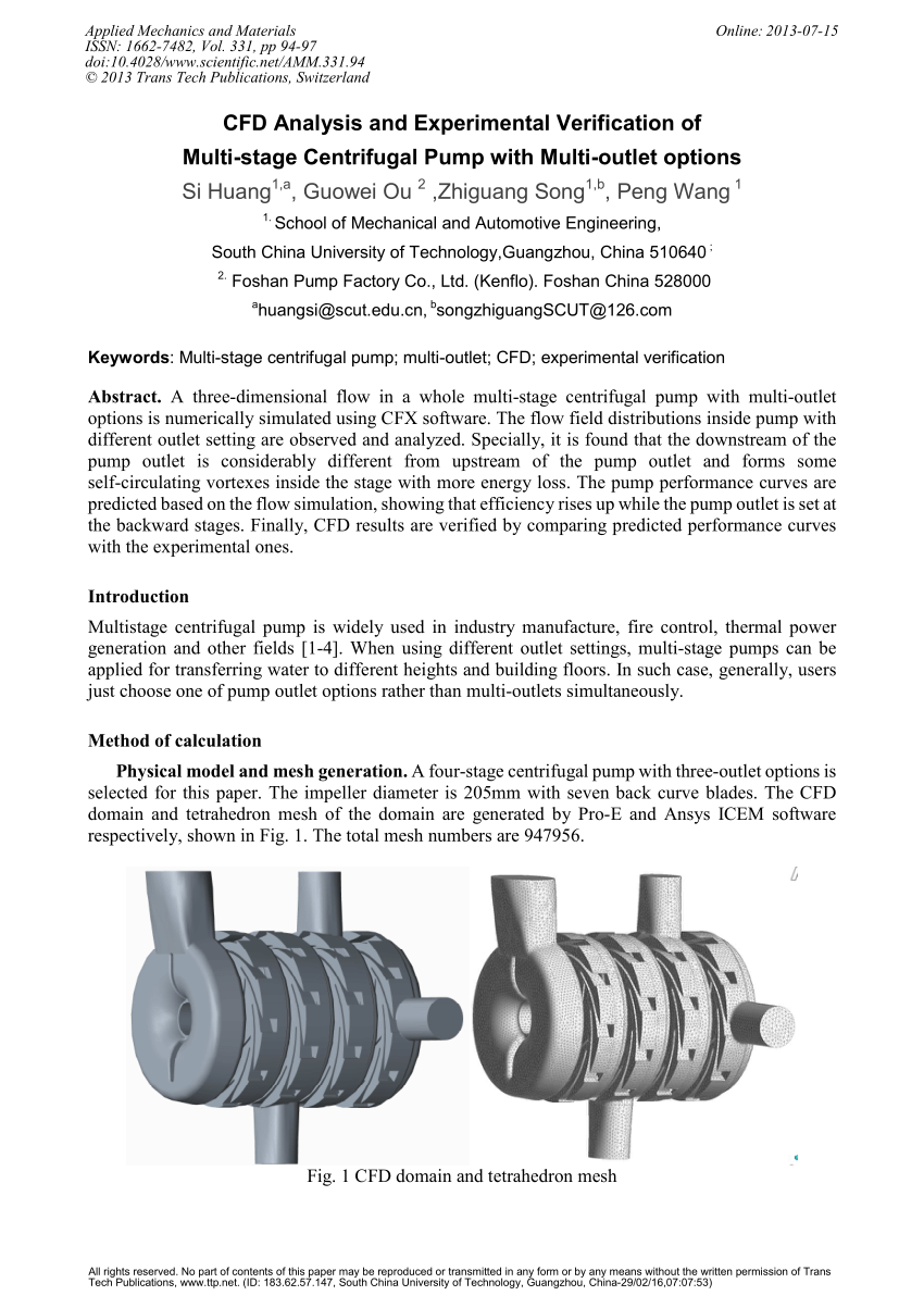 debat Sjældent Penge gummi PDF) CFD Analysis and Experimental Verification of Multi-Stage Centrifugal  Pump with Multi-Outlet Options