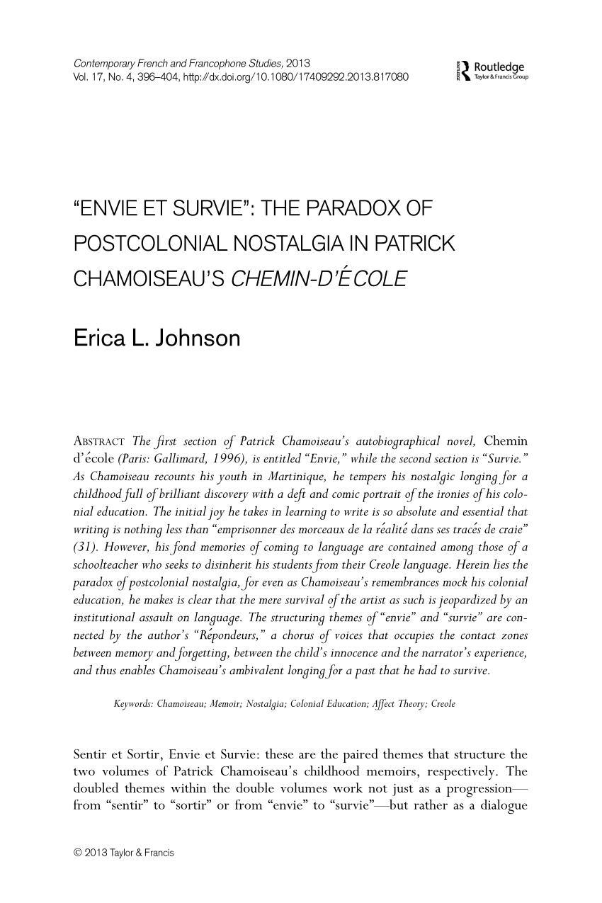 Pdf Envie Et Survie The Paradox Of Postcolonial Nostalgia In Patrick Chamoiseau S Chemin D Ecole