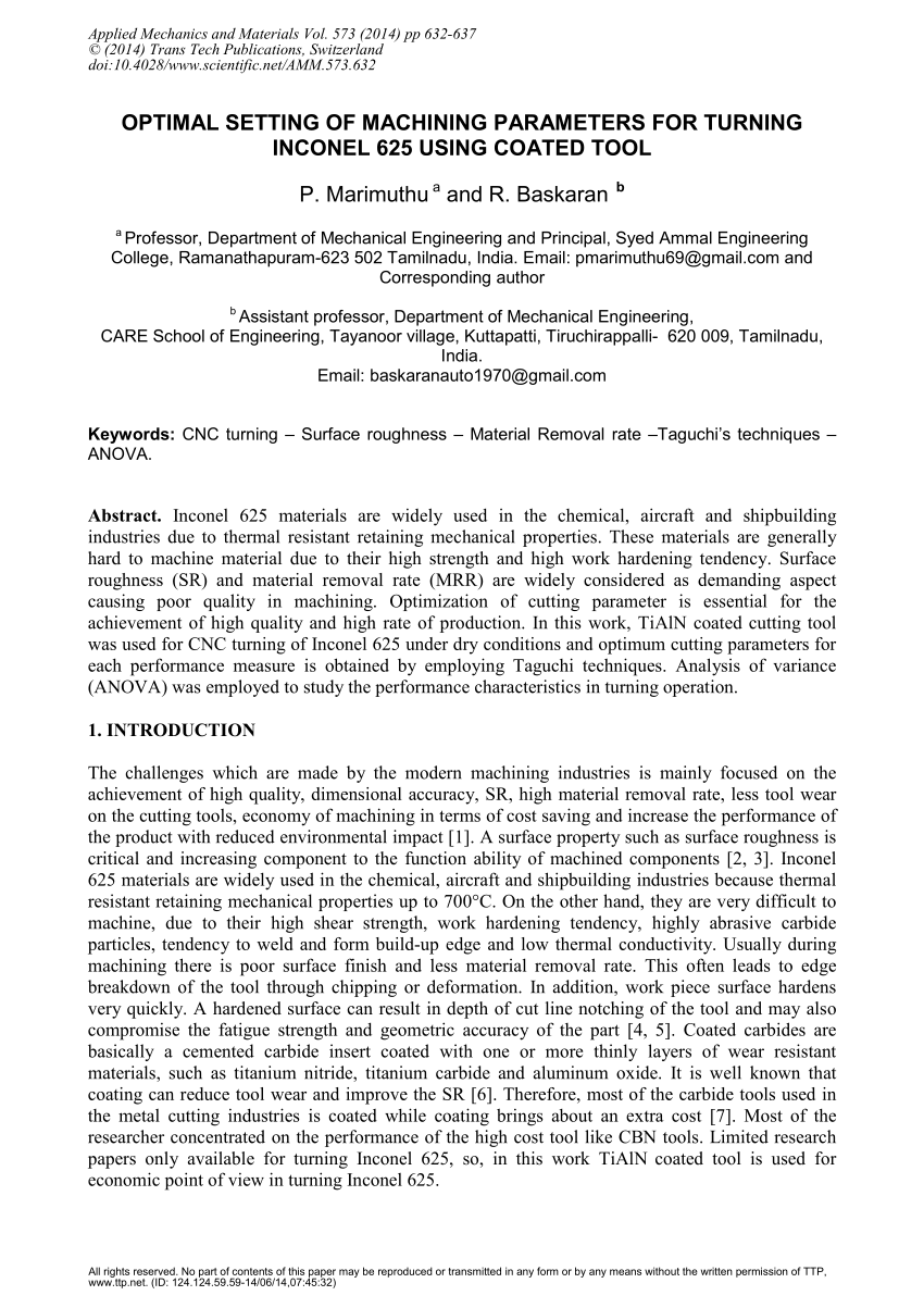 Pdf Optimal Setting Of Machining Parameters For Turning Inconel 625 Using Coated Tool