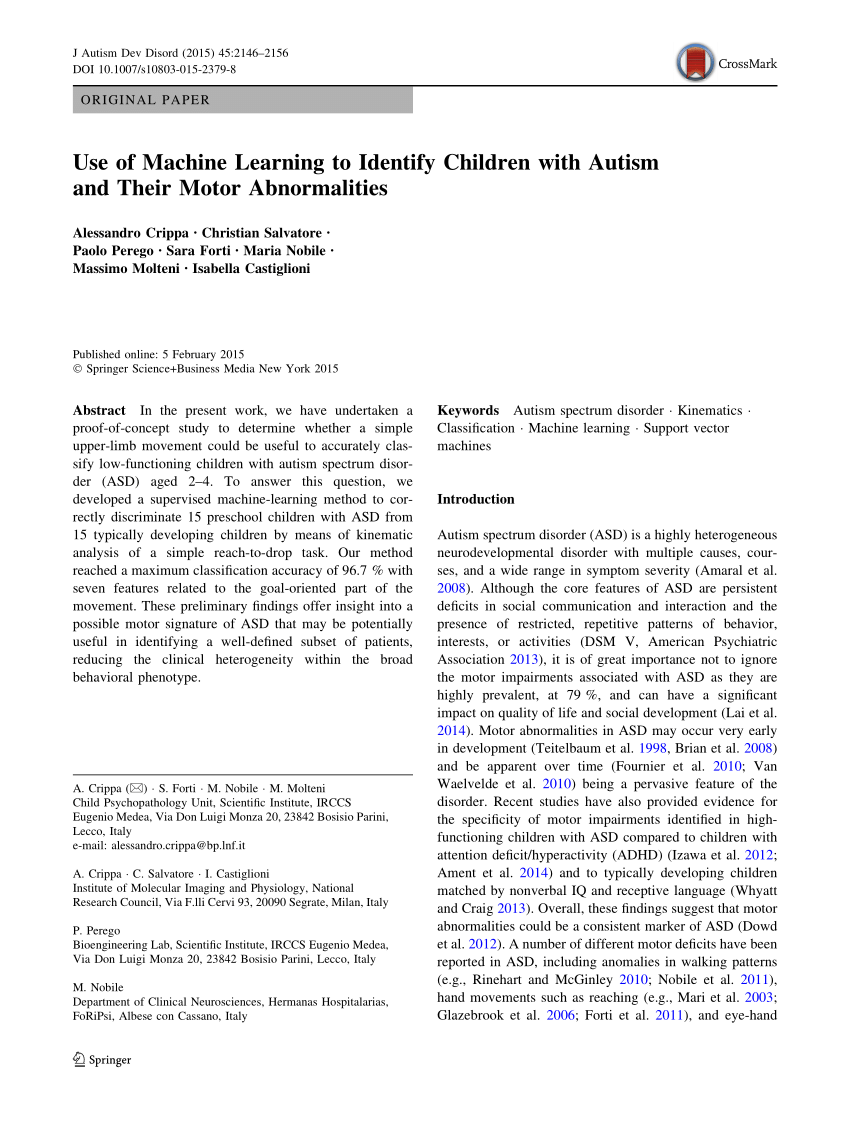 Pdf Use Of Machine Learning To Identify Children With Autism And Their Motor Abnormalities