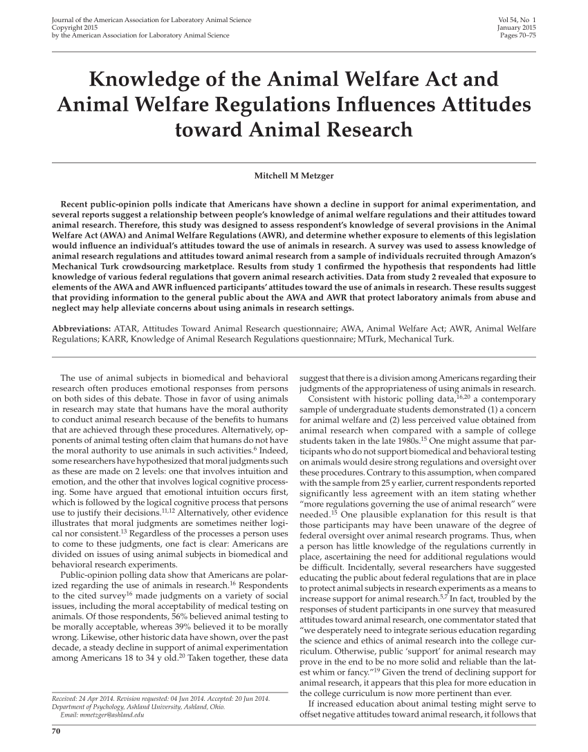 PDF) Knowledge of the Animal Welfare Act and Animal Welfare Regulations  Influences Attitudes toward Animal Research