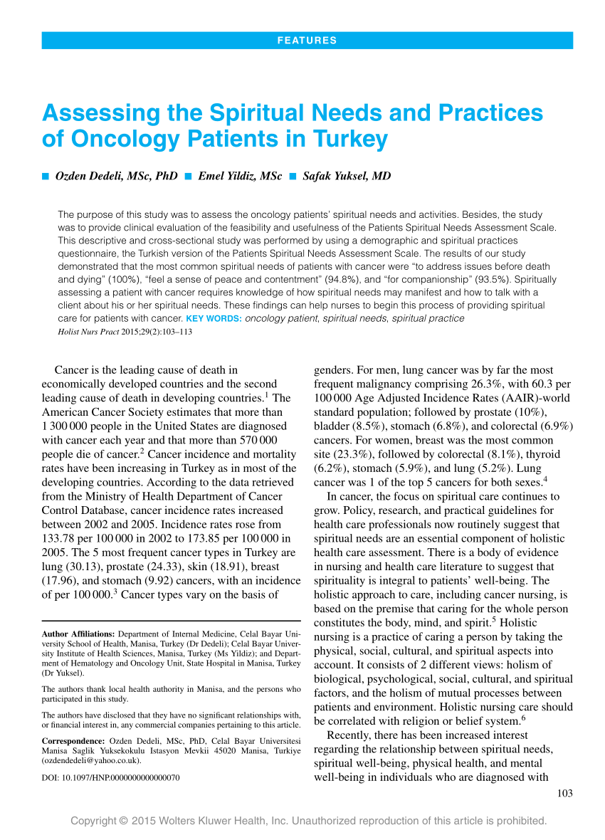 PDF Assessing the Spiritual Needs and Practices of Oncology  