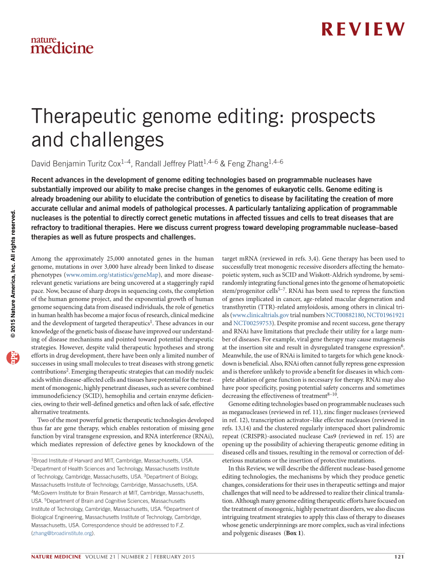 Pdf Therapeutic Genome Editing Prospects And Challenges - 