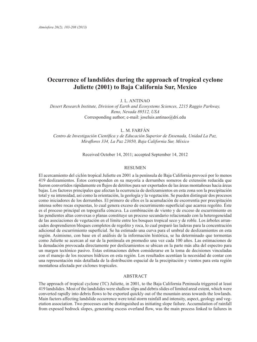 Pdf Occurrence Of Landslides During The Approach Of Tropical Cyclone Juliette 01 To Baja California Sur Mexico